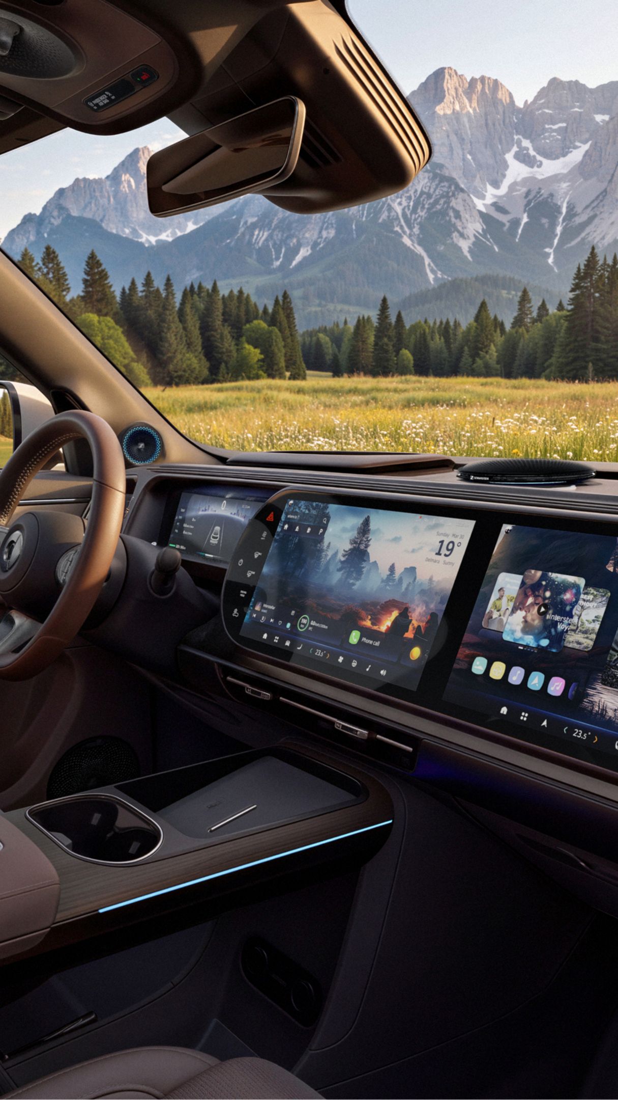 Innenraum eines smart #5 mit einem großen Touchscreen; durch die Fenster erkennt man eine Berglandschaft.