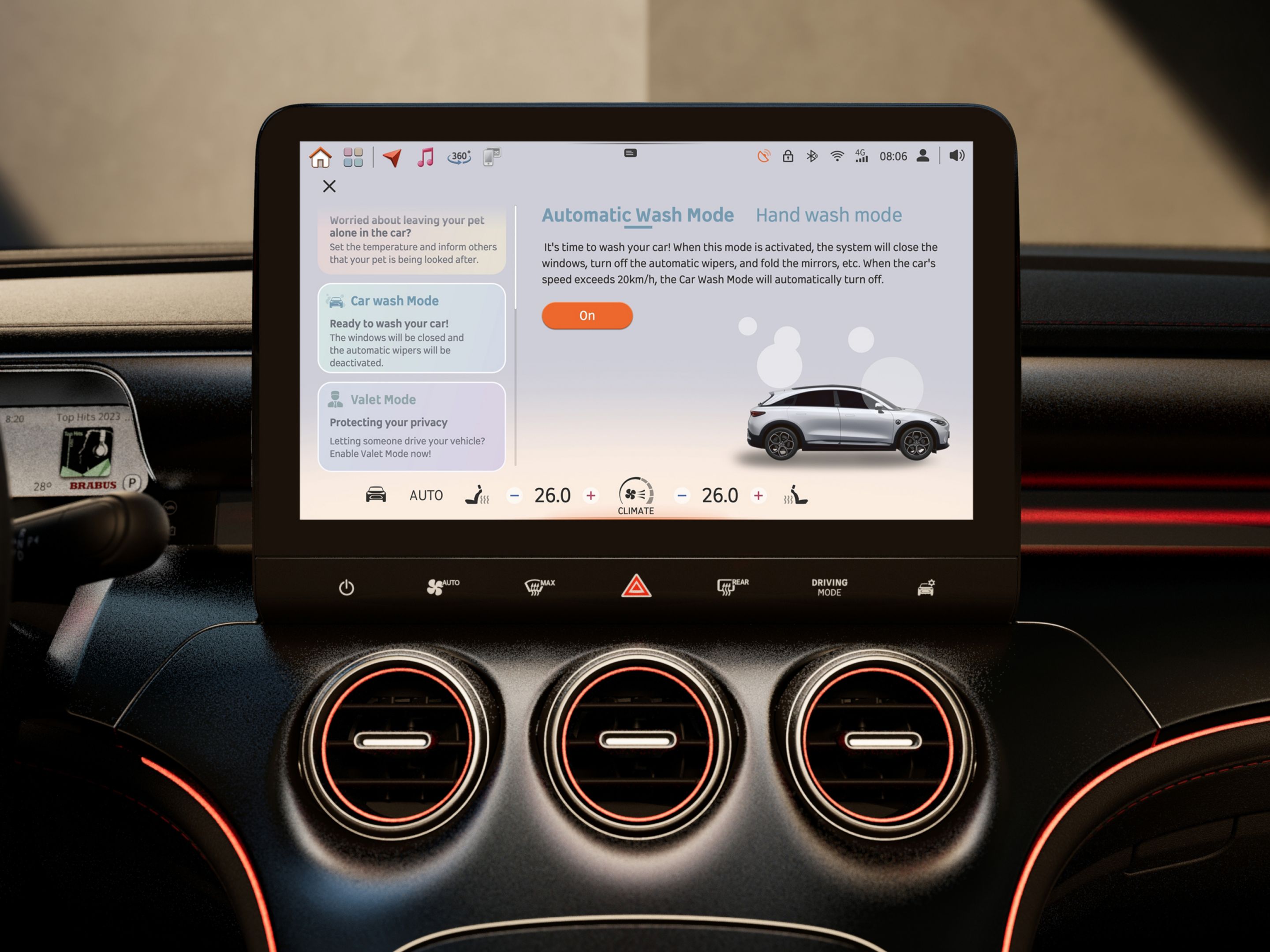 Close-up of the centre display in a smart interior. The interface shows the settings of the Car Wash Mode as part of the smart connectivity services.
