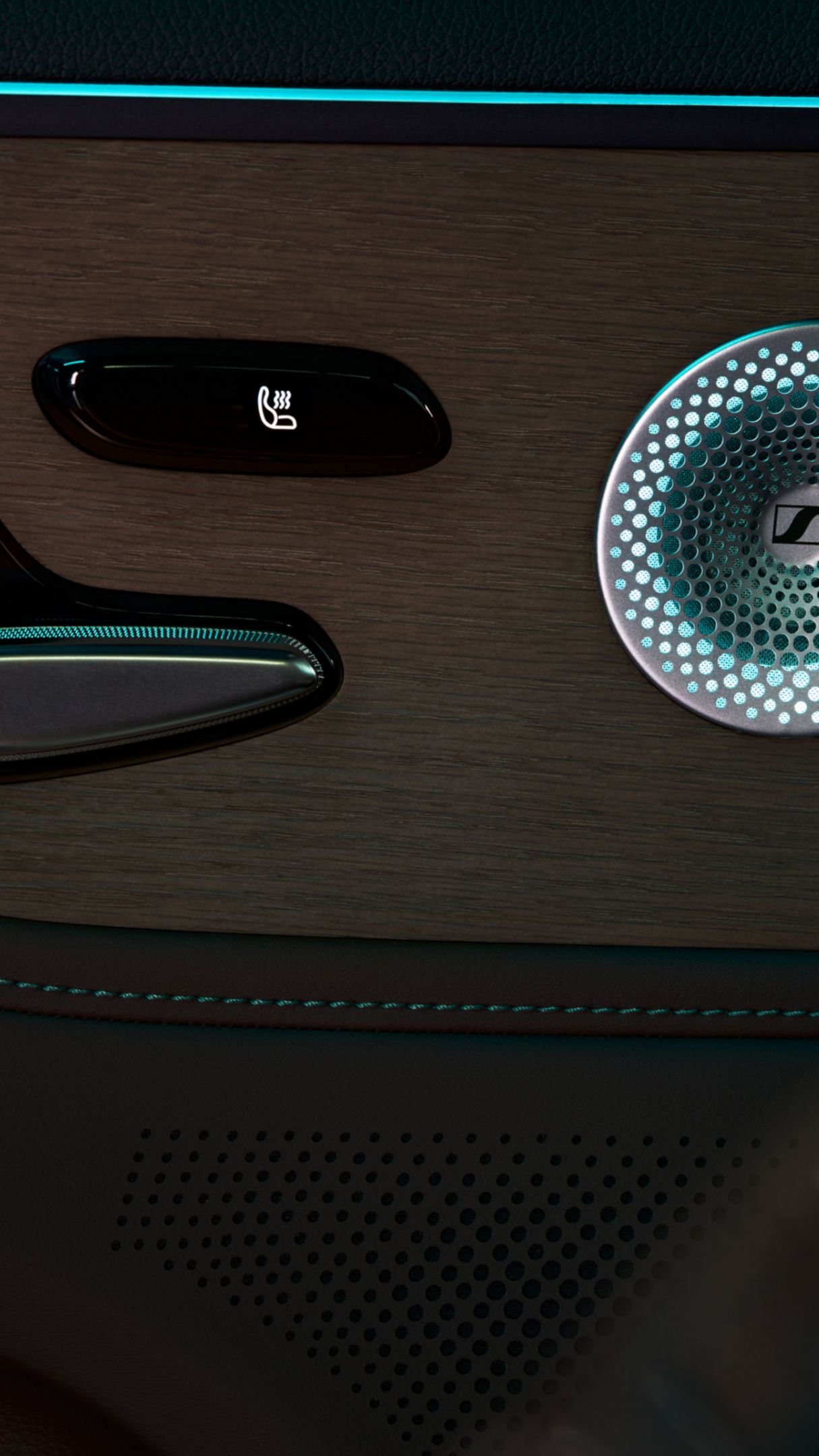 Close-up of the smart #5 door panel with seat adjustment buttons and a speaker.